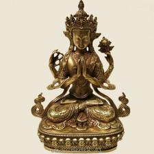 8.5" Copper Chenrezig 4 Arms Armed Kwan-yin Bodhisattva Buddha Statue