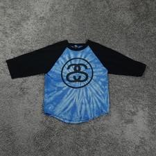 Stussy Baseball Tee Mens Small Token Logo Tie Dye 3/4 Sleeve Vintage Blue
