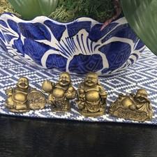 Set of 4 Brass Gold-Tone Laughing Buddha Figurines Buddhist Decorative Statues