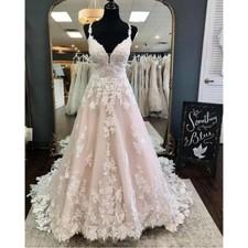 Elegant Spaghetti Straps Wedding Dresses  V Neck Sweep Train Lace Bridal Gowns