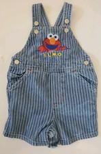 Vintage Sesame Street Elmo Pinstripe Denim Shorts Overalls Romper Size 12 Months