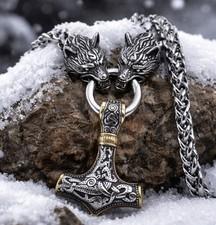 Viking Wolf Head Thor's Hammer Stainless Steel Pendant Necklace, Silver, 24"