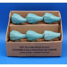 Set of 6 Ceramic Seashell Drawer Pulls Knobs Turquoise Blue Made in India