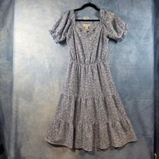 Monteau Los Angeles Blue Floral Scallop Neck Tiered Midi Dress Womens Size M