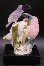 Peter Muller Hand Carved Amethyst & Rose Quartz Toucan Pair on Tourmaline Base