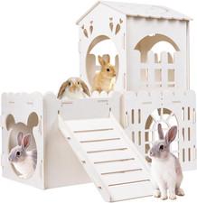 Large Rabbit House, Wooden Bunny Castle with 3 Houses Indoor, Rabbit Guinea Pig 