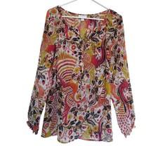 Charter Club Blouse Woman M Multicolor Floral Chifon Tropical Boho Long Sleeves