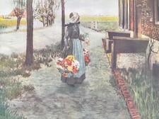Vintage George Hitchcock Print Flower Girl in Holland 12x16 Dutch Art