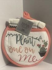 Kitchen Towel And Pot Holder Set Plant One On Me Cactus Green Pink BRAND NEW