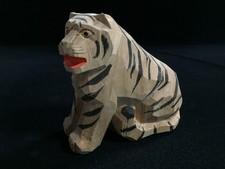 K1084 Vintage Japanese Wood Carved Tiger Statue Ittobori Signed Zodiac Ornament