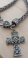 Braided Curb Chain Fluted Cross Charm Silver Plated Stainless Steel Bracelet