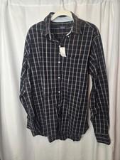 IZOD Men's Plaid Button-Up Shirt Black White Yellow Long Sleeve Collared Size L