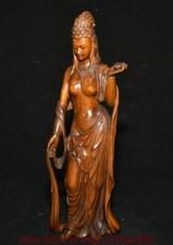 9.8" Old Chinese Carving Boxwood Wood Carving Guan Yin Goddess Statue Sculpture