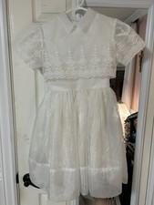 Vintage White Girls First Communion Dress Short Sleeve With Embroidered Overlay