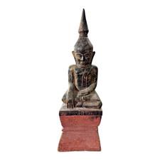 Antique Asian Burmese Wooden Seated Buddha Statue on Red Painted Base