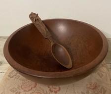 Rustic 10.5” Wooden Bowl & Hand Carved Spoon Primitive Farmhouse Woodcraftery