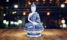 6"H Blue & White Thai Buddha on Lotus Seat Figurine Home Decor Unique Gift