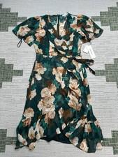 Calvin Klein Dress Womens 8 Green Pink Brown Floral Wrap Blouson New