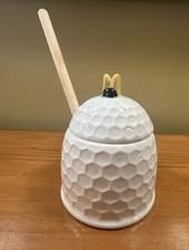 Ceramic Beehive Honey Pot and Wooden Dipper Stick Honey Jar with Lid 4”H