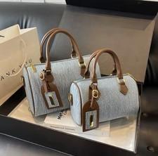 Denim Blue Cylinder Satchel Bag with Brown Handles, Gold Hardware,