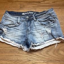Machine Nouvelle Mode Short Shorts Womens Size 26 Blue Distressed Denim Lace