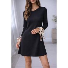 Tory Burch Merino Wool Sweater Dress Black Silk Cuff A-Line Size M