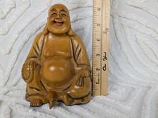Hand Carved Laughing Face Buddha Solid Wood 6" tall Smiling Happy Vtg