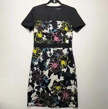 French Connection Floral Midi Dress UK12 Black Multicoloured Cotton Short Sleeve