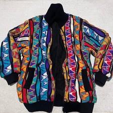 Vintage 80s 3D Textured Knit Men’s Reversible Bomber Jacket Size M Abstract