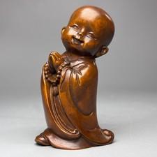 3.3" China Exquisite Boxwood Handmade Carved Little Monk Buddha Statue W952