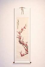 Chinese Scroll Painting Plum Blossoms Calligraphy Artist Seal Pink Black Paper