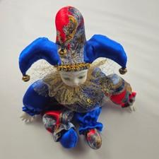 Porcelain Face Jester Clown Doll Blue Red Harlequin Decorative Figure Vintage