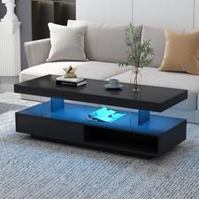 Wood LED Coffee Table w/Shelves & 2 Drawers High-Gloss Living Room Center Table