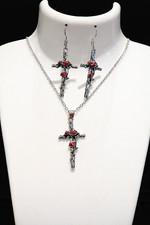 Cross Necklace Earrings Set Silver Tone Red Rose Alt Gothic Christian Jewelry
