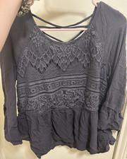 Knox Rose Women's Black Lace Ruffle V-Neck Pullover Blouse 3/4 Sleeve L