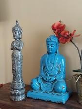 Buddhism Statue Set - Blue Seated Buddha & Silver Standing Buddha Figurines