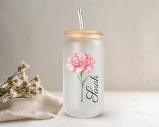 Personalized Birth Flowers Frosted Glass Can With Bamboo Lid 16 Oz by Mugzan