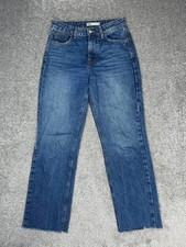 Zara Jeans Womens 4 Blue Denim Logo High Rise Straight Leg Frayed Hem 28x28