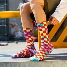2 Pairs Tie Dye Checkerboard Crew Socks Colorful Streetwear Unisex Plaid Pattern