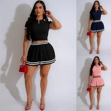 Women 2Pcs Outfits Knitted Crop Top Pleated Mini Skirt Set For Sexy Short Sleeve