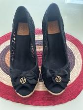 Tory Burch Jackie Espadrilles Wedge Peep Toe Black Canvas Women's 7.5
