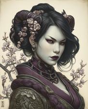 Samurai Woman Blossoms Portrait Japanese Art Print - 873783731