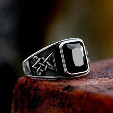 Vintage Lucifer Satan Signet Ring – Stainless Steel Gothic Black Stone Ring