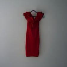New Red Midi Zip Up Statement Dress Women's Size Medium, Ruffled Chest And Neck