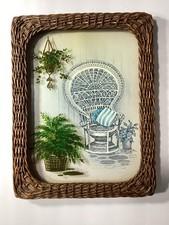 Vintage 70’s Boho Wicker Fan-Back Peacock Chair Framed Picture/Rattan/Fern/Retro