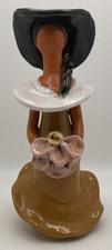 Faceless Terracotta Lady In Brown Ruffled Dress Flower Bouquet Pottery Figure 7"