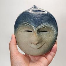Studio Art Pottery Ceramic Sculpture Smiling Face Signed Blue Tan Stoneware