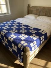 Vtg 1960s Granny Square Afghan Hand Crocheted Blanket Throw Blue White 47X138”