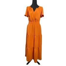 Monteau Los Angeles Orange Textured Tiered Midi Dress Flutter Sleeve Pockets  M