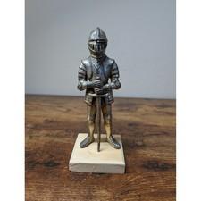 Vintage Silver Knight Figurine Miniature Armor Statue with Flip Visor Wood Base